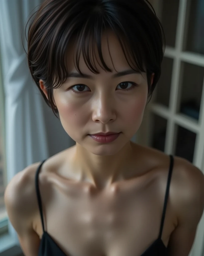 (In 8K, Highest quality, masterpiece:1.2), (Realistic, Photorealistic:1.37), Very detailed, Natural light, Mid-chest, Cleavageが見える, 1 person, 35-year-old woman, Black Hair, short hair, Look up at the viewer from below, Cleavage, Black sleeveless, At the time of the performance, Very detailed顔と肌, Detailed eyes, Very detailed顔と肌