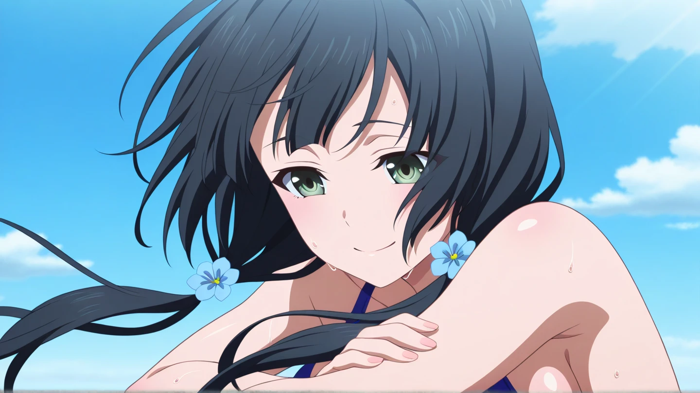 Masterpiece, Best quality, solo female, young girl, sister-like, blue eyes color, long ponytail hair, black color hair, flower hairpin, frontal photo, anime, illustration, full body, bikini