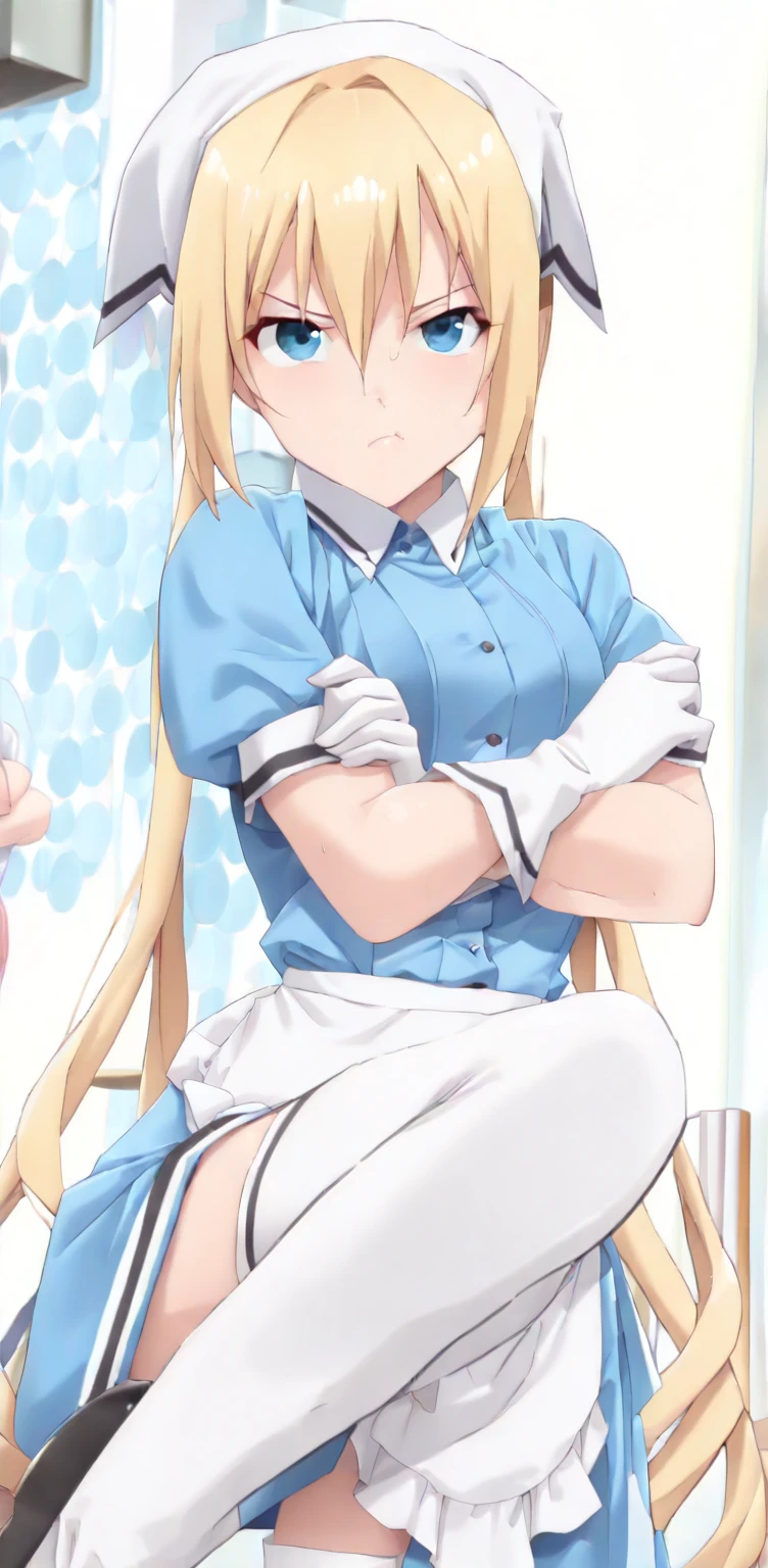 a home maid with large breasts and sexy big ass and long blonde hair kneeling on her knees and sucking her master's dick