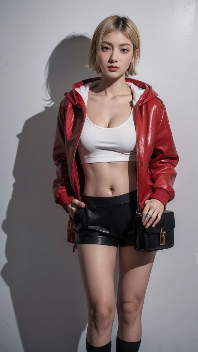 ((Highest quality, Tabletop, Ultra-high resolution、The most complex and detailed depiction))、(Bright lighting:1.1)、(Beautiful woman:1.1)、(Very light wavy hair:1.5)、(Race Queen:1.5), (motor Show)、(Red cropped mini jacket:1.8), (Sexy high-leg bikini:1.5), (Micro Mini Panties:1.5), (Black and white large check bikini:1.4,),(Thigh-high boots:1.5), Best smile:1.5,Full Body Shot:1.5,Gray background:1.5,Blonde wavy hair:1.8,Random Blonde:1.8,Curly Hair:1.8,Long Hair:1.5,sleek bangs:1.8,Large Breasts:1.2,gal,Sunburned skin:1.9,Fishnet tights:1.8,Thin fingers:1.5,smile:1.5,The whites of the eyes are clear:1.8,Centered:1.5,