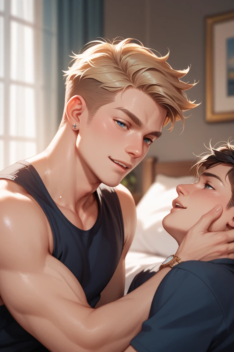 high quality, detailed, Realistic,(2boys:1.5), (17 years old tanned idol boys), (detailed blue eyes), (blond short hair), (abs), (tanned dark brown skin), night palace bedroom, (black tiny thong), (bulge), (detailed nipples), detailed areola,best quality,4k,8k,highres,masterpiece:1.2),ultra-detailed,(realistic,photorealistic,photo-realistic:1.37), looking at viewer,smirk,face close up, --no watch,