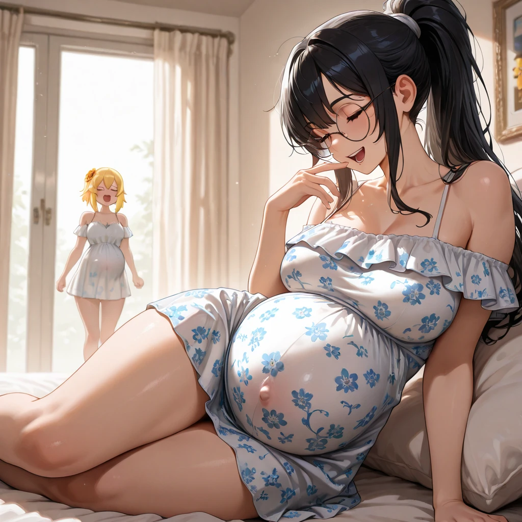 1 girl, see-through bra, low see-through panties, see-through panties site, anger, blush, bedroom, tears in eyes, hearts, right limbs, scared to tears, full of tears, submitting to pain, moaning in pain, grimace in pain, open mouth , cry, wet white clothes, make her hestia, twintails, huge Pregnancy Belly, huge pregnant
