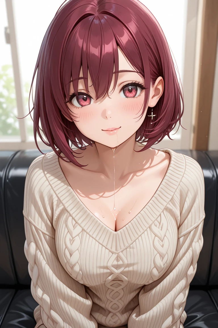 (looking away:1.5), side angle、Realistic, real person, RAW photo, photorealistic, portrait photography, shiny skin, japanese idol, 25 year old woman、(bob cut hair) and (red hair) and (red eyes:1.3), wearing a white collarless blouse、smile, open mouth, blush, The background is a conference room、sitting、You are in a meeting、Alone、