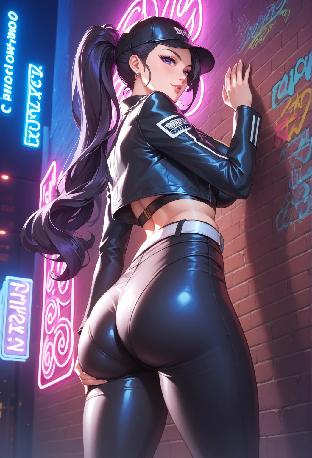 tmasterpiece, Best quality, profondeur de champ, cinematic light, Lens Flare, Ray Tracing, backview. 1Kristin Kreuk (extremely beautiful face, lovely lips, beaux yeux verts, Queue). Dans une rue de Las Vegas, ombre profonde, (very skinny slender fit-muscled body:1.3), ((Regarder le spectateur)),(Grand sourire:1.3), (Neon Sign), (blurred background),(without people in the background:1.3), Beautiful earrings, Bracelets, (Grands yeux verts), Face forward, ((blouson et pantalon moulant en cuir noire:1.3)), (Regarder le spectateur:1.3) sein ouvert, very slim, seins moyens, faire demi-tour, (Rear shot), Accent sur le cul, thick thighs