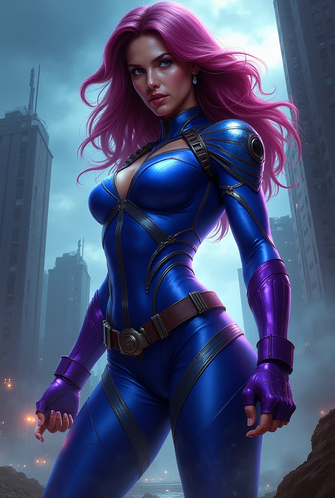 A beautiful super powered villainess with purple and blue hair and glossy red lips. Her eyes are emanating red energy with barely contained power and rage. She is wearing a skintight blue and black full sleeve microdress and black mid calf high boots. Floating over the still burning ruins of the Hall of Justice. She is strangling The Flash with her bare hands.
