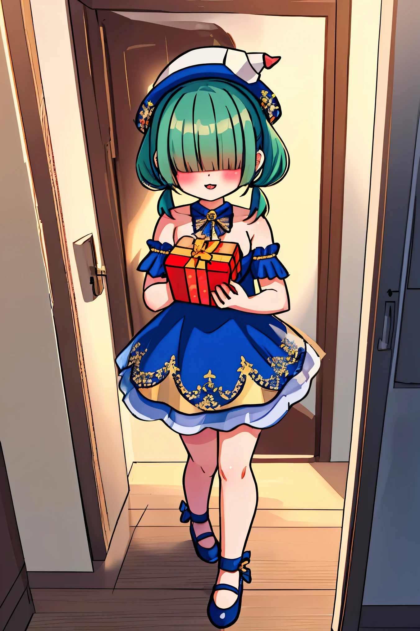 1 sexy chibi girl, buxom, large breasts, long (green1.2) hair with bangs covering her eyes, twin ponytails, she is wearing a fancy birthday party dress, fancy party hat, face blush, makeup, red lips, ((giving a gift wrapped present)), best quality, very detailed, dynamic posing, sparkle, god rays, shining light, Pixar, walking through door