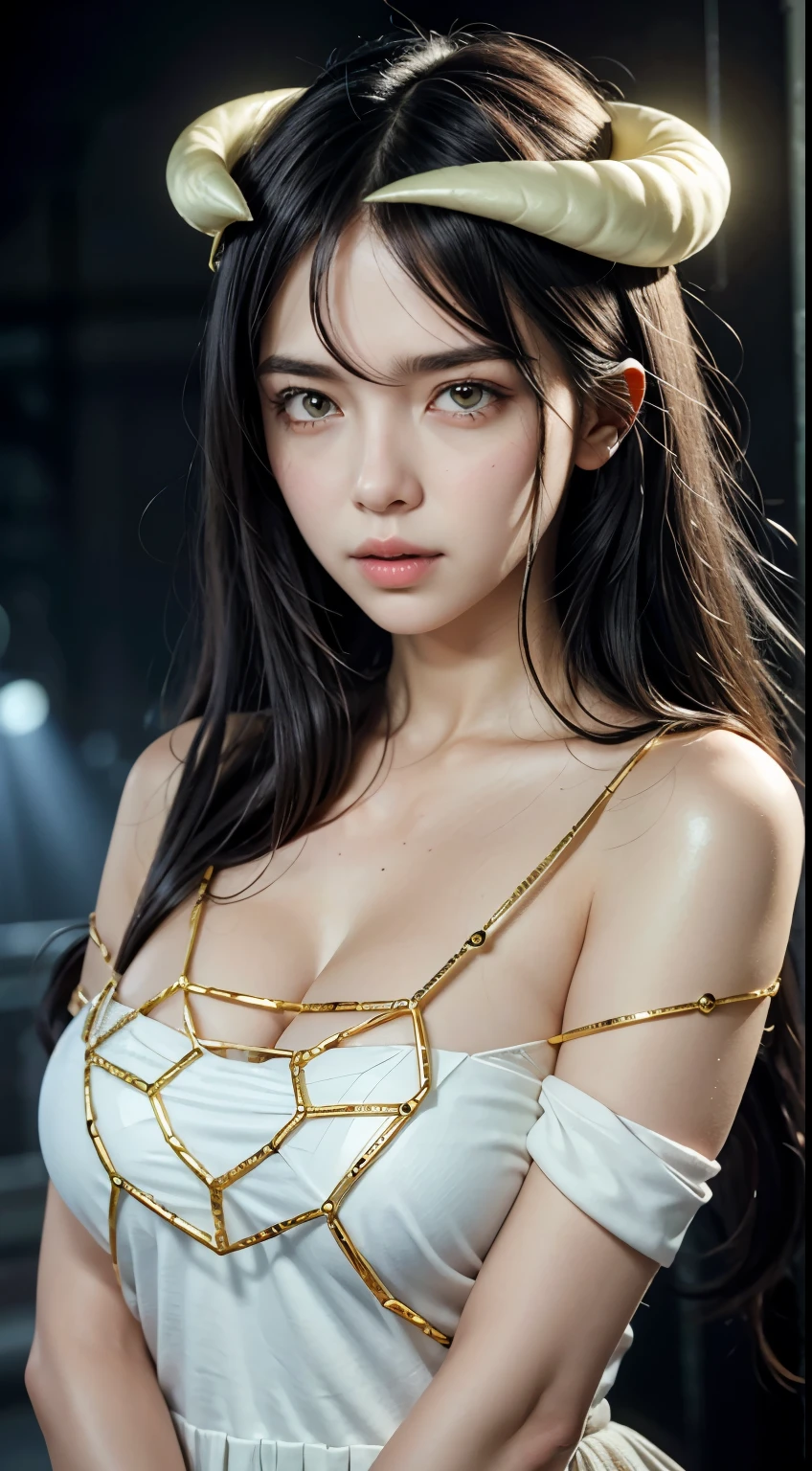 top quality, masterpiece, Ultra-high resolution, (Reality: 1.4), original photo, 1 girl, Black Hair, Smooth skin, 1.mechanical girl, (Ultra-realistic details)), portrait, Global Illumination, shadow, Octane Rendering, 8k, Extremely sharp, huge, Cleavage exposed rawhide, Metal, Exquisite decorative details, Egyptian details, Very intricate details, realistic light, CGSoation trends, Purple Eyes, Glowing eyes, face camera, Neon details, Mechanical limbs, blood vessels connected to tubes, A mechanical vertebrae attached to the back, Mechanical neck fixation device, sitting, Wires and cables to the head, Gundam, Small LED lights,