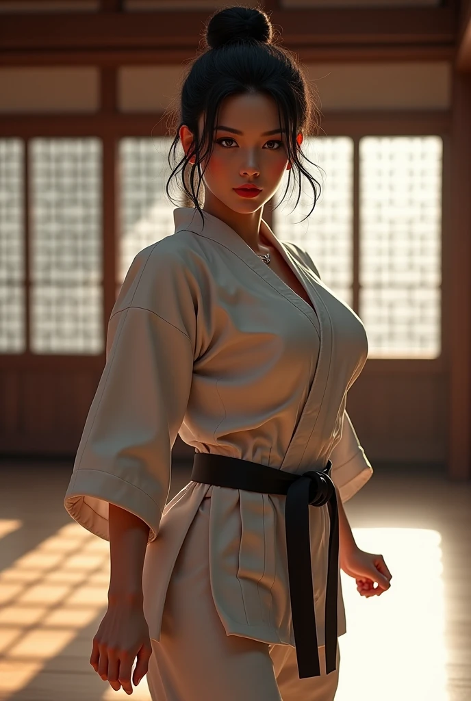 ((large breasts⁩, Beautiful Girl, small head)), Daylight, Sunlight, (Chiseled abs : 1.1), (Perfect body : 1.1), detailed hairs, nice legs, Wearing a judo uniform white　kimono, (Very detailed CG 8k wallpaper), (extremely delicate and beautiful), (masutepiece), (Best Quality:1.0), (Ultra High Resolution:1.0),  Beautiful lighting ,Perfect Lightning, Realistic Shadows, [hight resolution], Detailed skin, Ultra-detailed,judo venue tatami