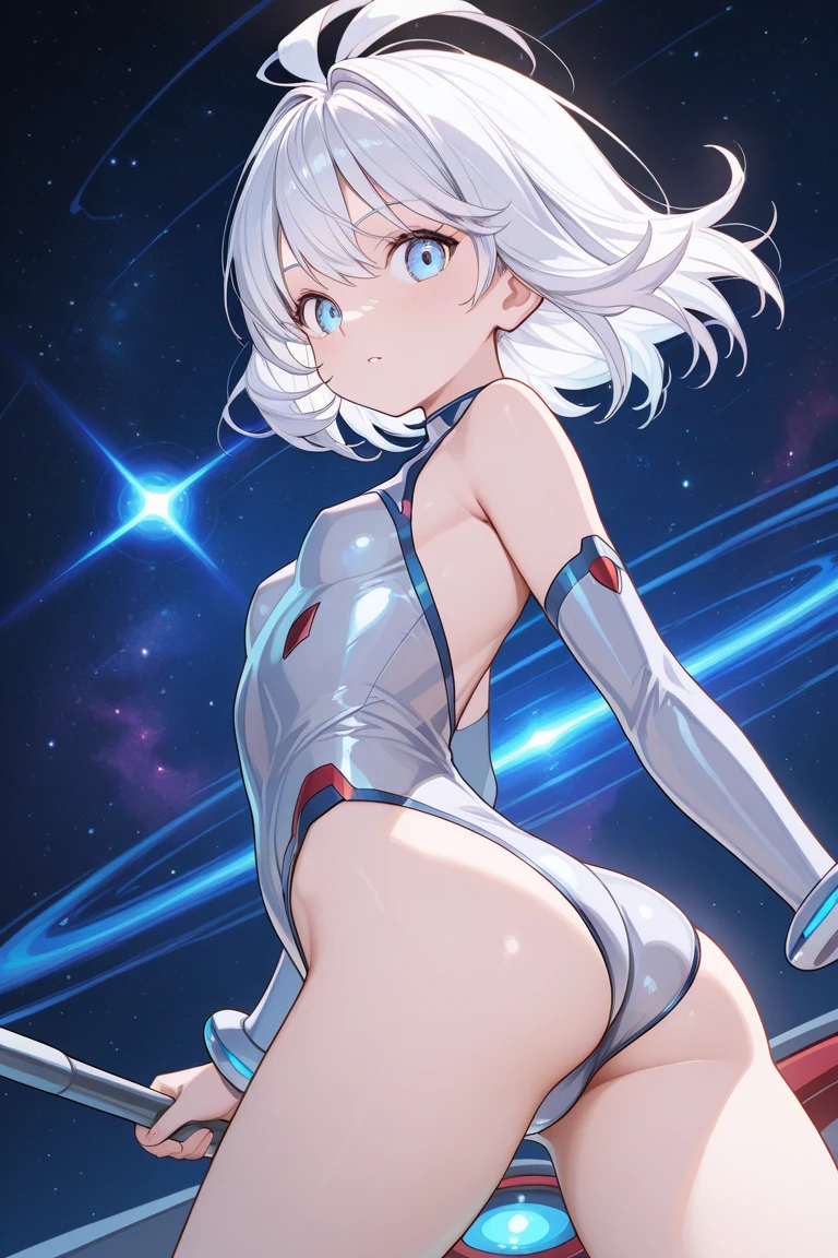 Cream white short messy hair, space ship, space dress (white one piece no extra clothing), sexy slim body, creamy shiny skin, super huge breasts, full body