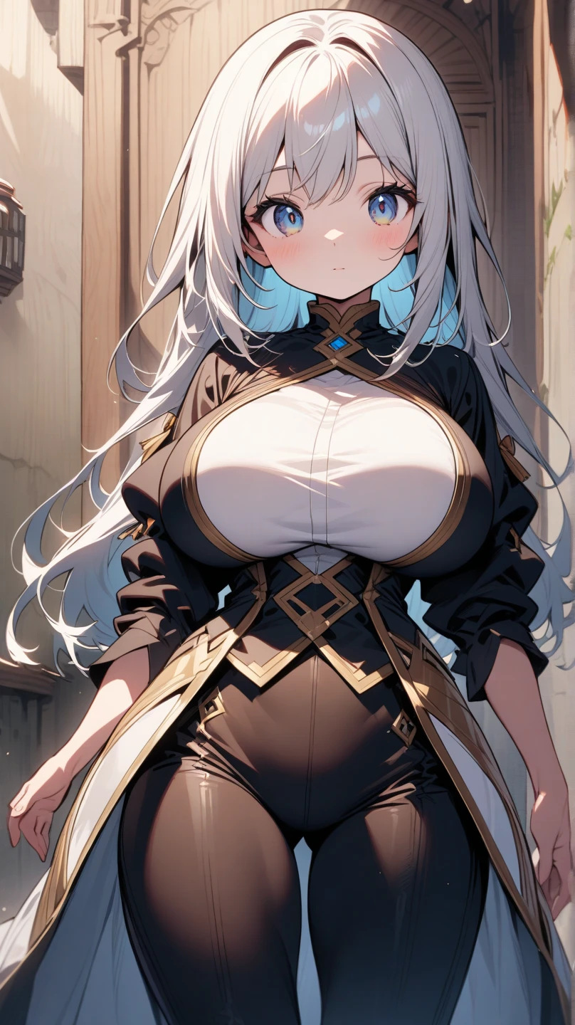 8K, Full body portrait, single woman, especially detailed face, masterpiece, wallpaper, highlydetailed face, ultra-detailed face, beautiful and aesthetic wolf girl, voluptuous, big breasts, curvy, long hair, gray-silver hair, a young wolf woman, wolf ears, wolf tail, long wolf tail, wolf-like irises, beautiful, enchanting, bright yellow eyes, detailed eyes, ultra-detailed eyes, accurate eyes, detailed irises, correct body proportions, elegant, small vertical scar under right eye, small rosy lips, big breasts, slender elegant arms, pretty hands, detailed hands, charming, slight blush, smug smile, black stylish shorts and top outfit, detached sleeves, light black armor, armored bike shorts, two piece outfit, black armored fur cloack, black metal armor, bare off shoulders, toned abs, exposed belly, standing pose, hands on hips pose, cute pose, black silk thighigh on the left leg, sole girl