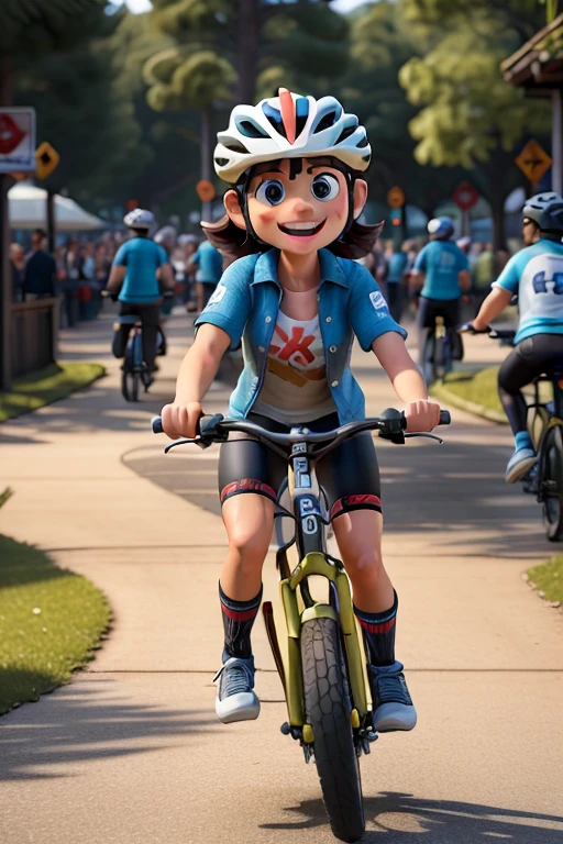 Mulher ciclista jovens sorridente, daytime with natural light , em alta qualidade melhor qualidade pronts estilo Disney pixar