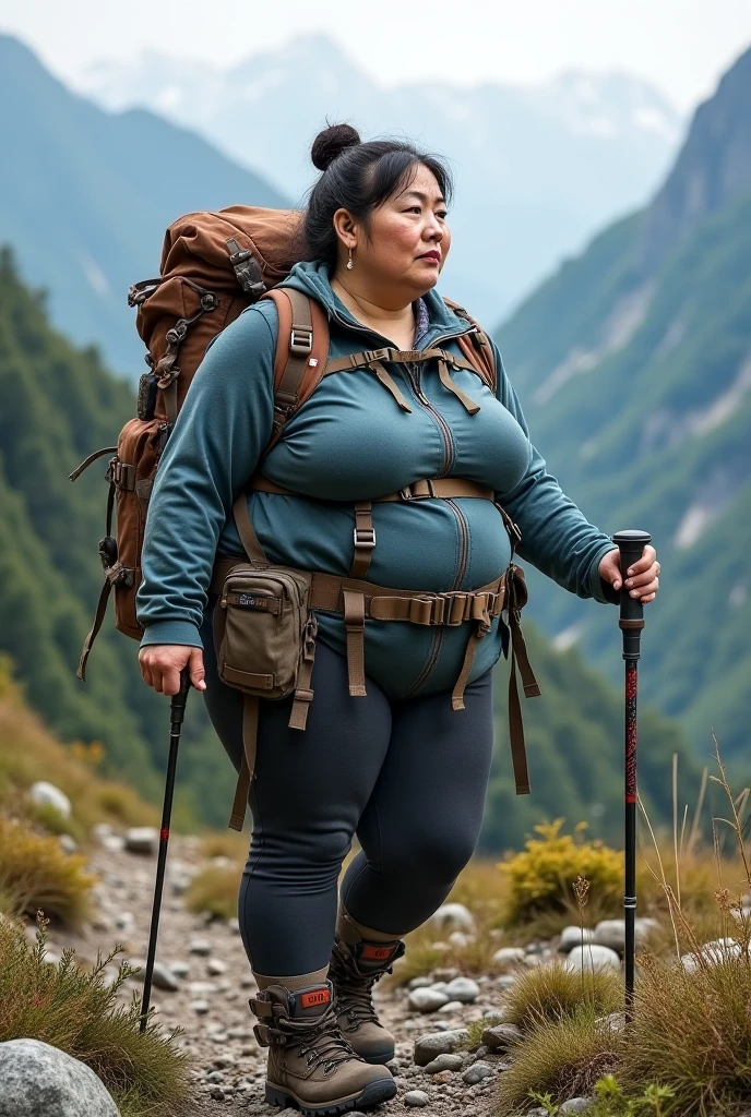 Create an image of a fat girl hiking