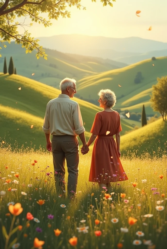 make an elderly couple hugging and happy with cheerful landscapes in a garden full of flowers