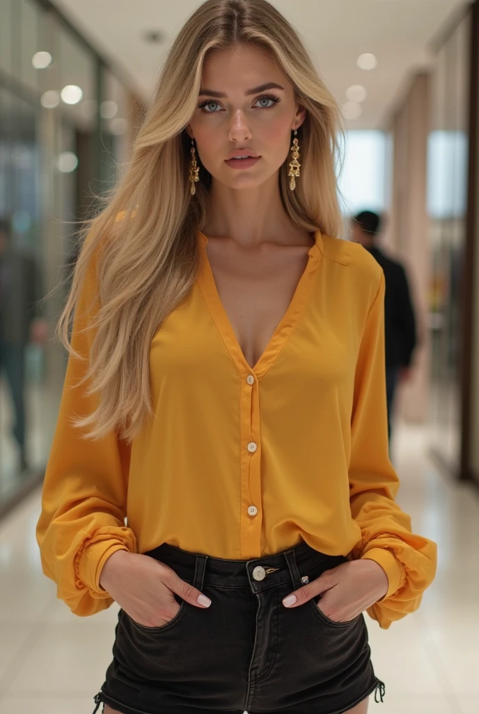 mjw2023, 1girl, 8k, best quality, trending on arstation, cinematic lighting, masterpiece, yellow blouse, jeans, looking at viewer, skin pores, detailed skin, raw image, photorealistic, 5 fingers, bangs. long auburn hair, green eyes, cute smile, big breasts, standing,
