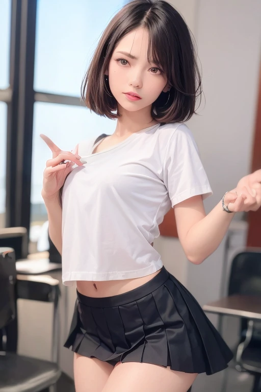 (RAW Photo: 1.2), (Photoreal: 1.4), (Masterpiece: 1.3), (Best Quality: 1.4), Ultra High Resolution, HDR, 8k Resolution, Dreamy, Check Commentary, Commentary Request, Landscape, (((No Text)), Solo Focus, (Full Body), (Eye Details), (Facial Feature Details), (Clothing Feature Details), Skin Tight, (Shiny Skin), ( slender girl), (slim girl), (one girl, solo), VirtualGirl-Rin, happy, smile, (small), petanko, bangs, bob hair, short hair, ponytail, brown hair, brown eyes, black choker, college student, schoolgirl, cheerleader, open leg rollover, stretch, (miniskirt), pleated skirt, pure white shorts, sneakers,