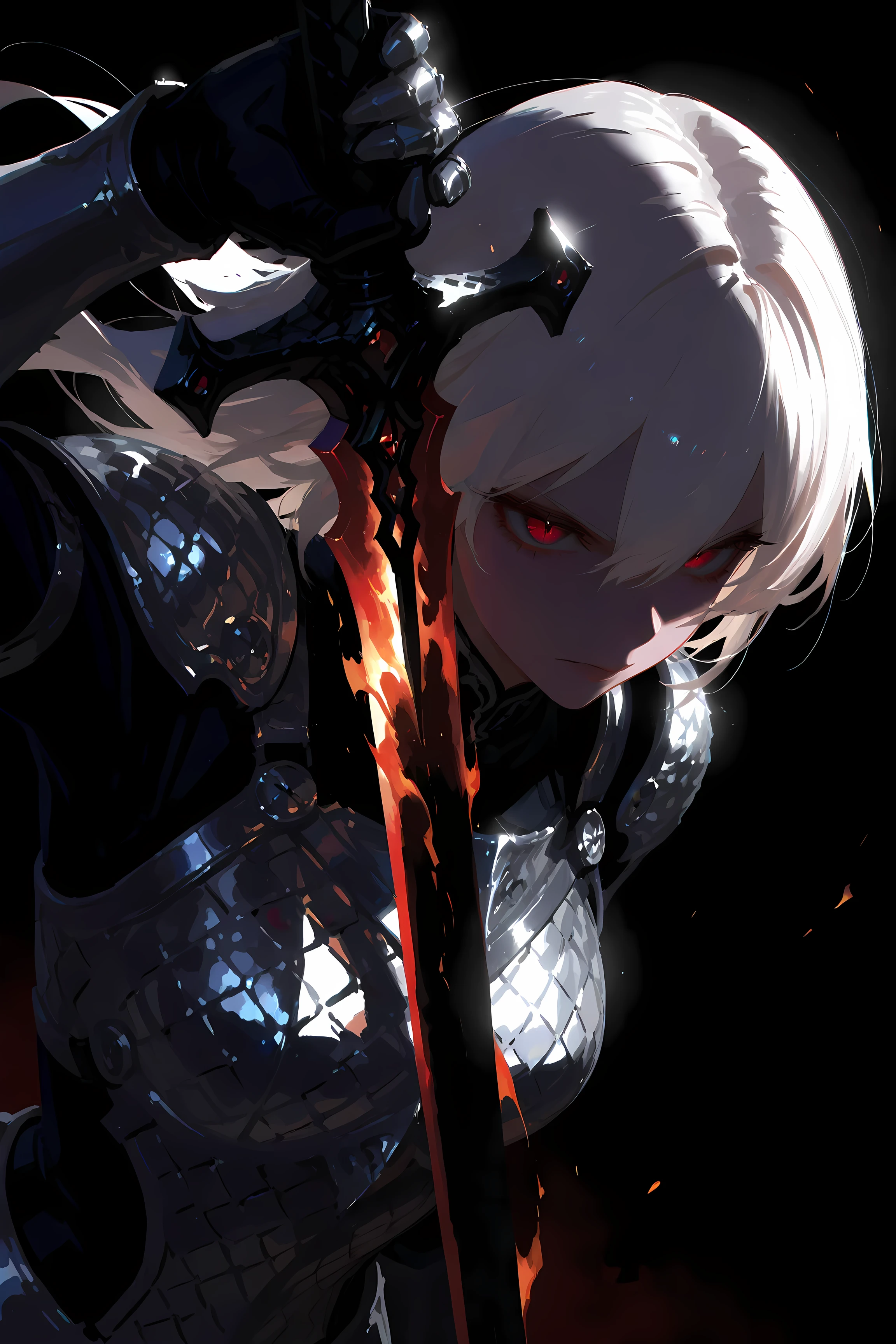 (masterpiece, best quality),solo, beautiful witch who handles flame of sword,the witch\(long white hair,sharp eyes,red eyes,silver metallic snake scale armor\),simple background,[[dark horror essence]], Flame,dynamic scene,cinematic light,shading and contrast,intricate art work,detailed illustration,hand written sketch