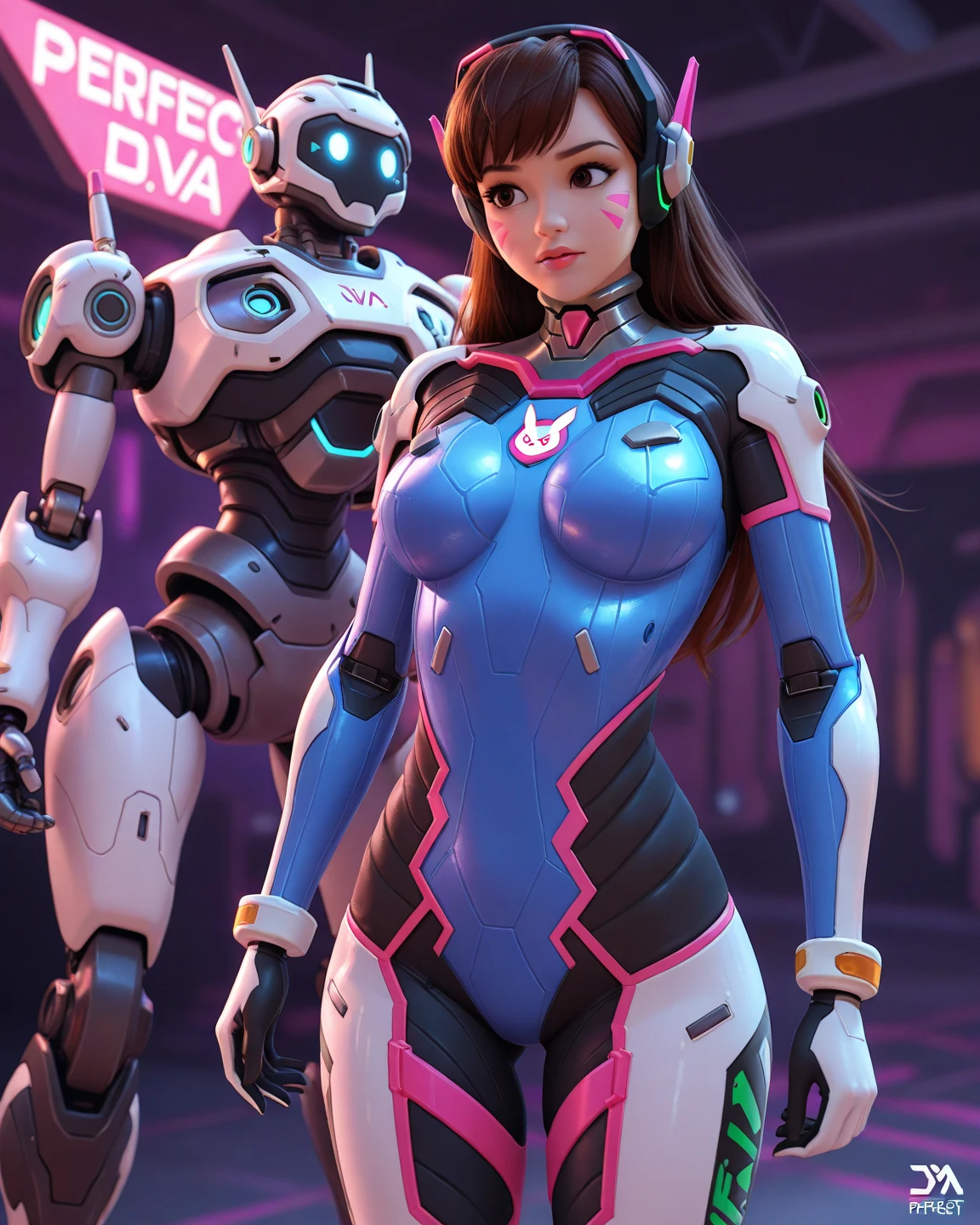 DVA from Overwatch without her mech, a woman with short brown hair in a ponytail,she stands in Busan Korea, high quality refelctions, volumetric lighting, she is wearing her classic thin tight figure hugging stretchy pink white and blue full bodysuit, soft simple plain sport bodysuit, the bodysuits is like a yoga outfit, she stands on the street, (1 girl solo), cinematic lighting, high resolution, physically-based rendering, 8k, volumetric lighting, hyperrealistic, detailed facial features, masterpiece, full upper body, city in background, cinematic,she has very small breasts, flat breasts , the focus is on her whole body and the environment, cinematic screenshot, you can see the whole environment and her standing on the street, the picture has a very soft look at soft textures, cute smile, her arms are on her side, DVA is posing and does a peace symbol with her fingers, woman body, no bra, 1 person, 1 head, Overwatch cinematic graphic style
