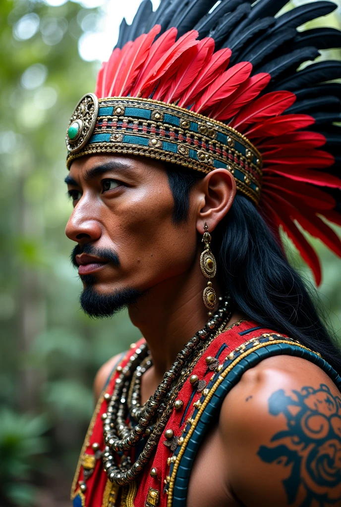 Mayan warrior with tiger mask with a bird on his shoulder