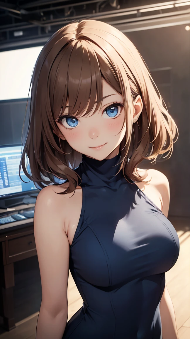 baby face, (short brown fluorescence hair:1.5,ponytail hair:1.5), (masterpiece, sidelights, exquisite beautiful eyes: 1.5), masterpiece*portrait,(cute face),front view: 1.6、 (glowing green eyes:1.2),plump face:1.5,(tareme:1.5)、(seductive smile:1.2),Rosy Mouth,Slim Body,abs, shiny hair, visible belly, shiny skin: 1.5、medium breasts,cleavage、solo,,(stand)、(white tank-top and black skirt)、(charactor focus:1.5、portlate、upper body),stage,