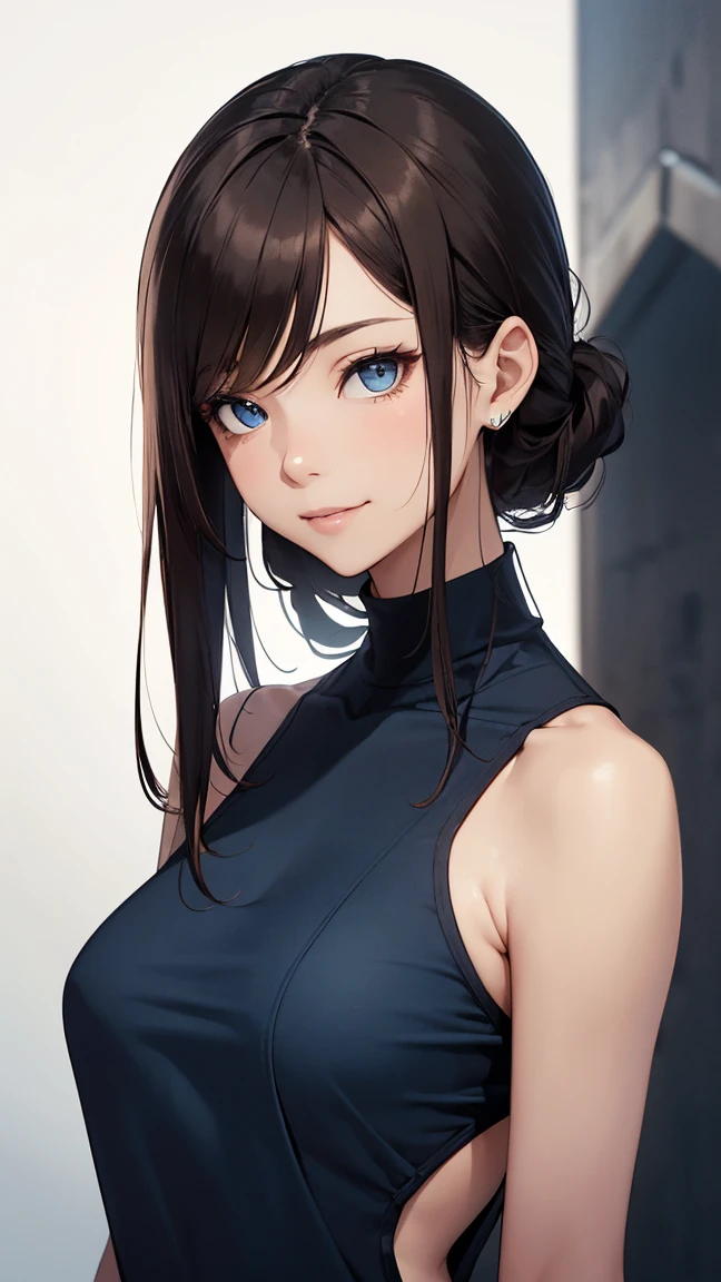 1girl, turtleneck dress, black hair, sleeveless, parted lips, large breasts