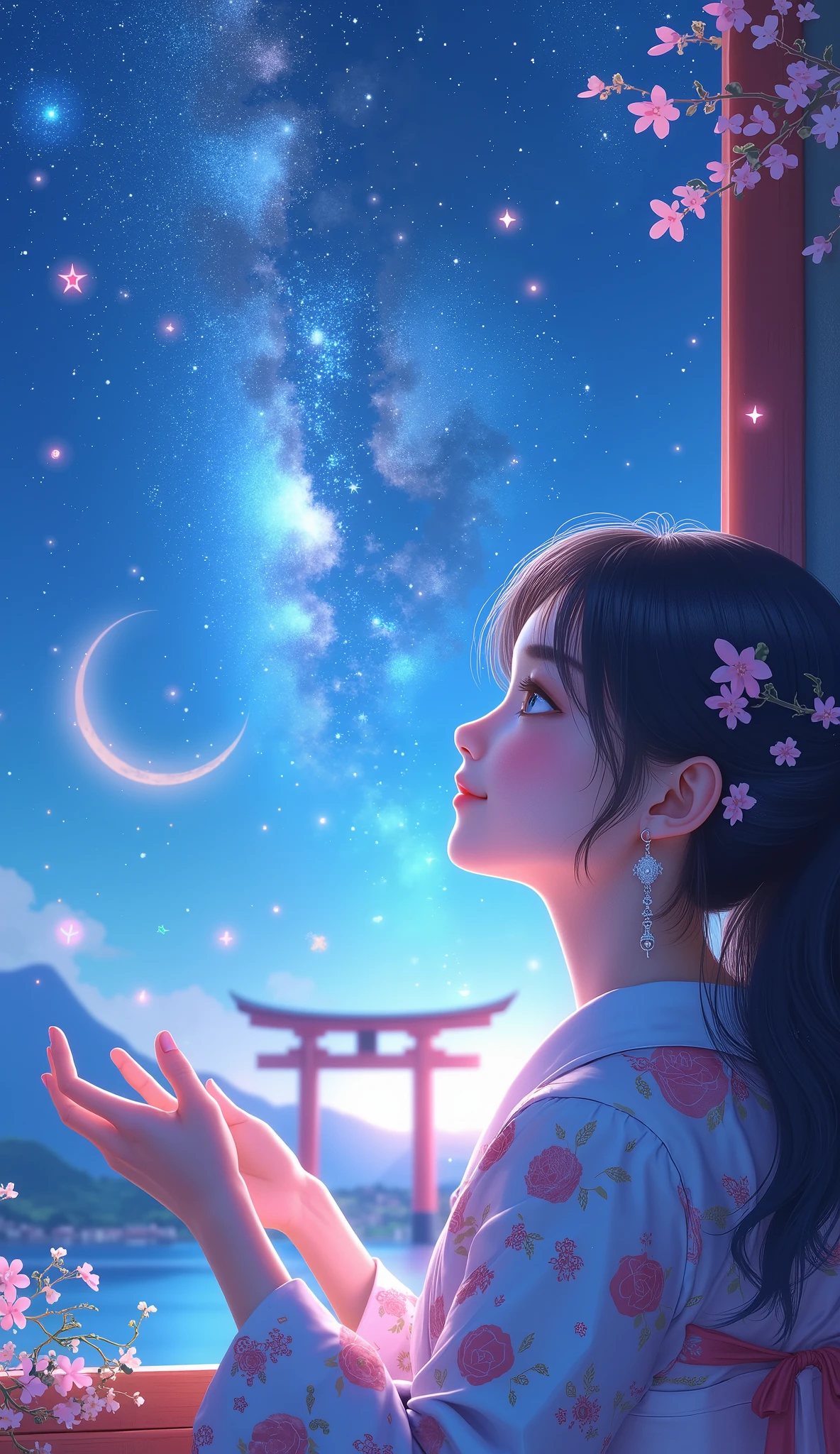 天の川銀河の眺めとnight空 、one woman、mature woman、straight hair、Beautiful Shiny Hair、bundle、long sleeve、detailed eyes and face、Eye Enhancement、soft lighting、High Resolution Unified CG 8K Wallpaper、Intricate Details、portrait、Staring 、alone、half shot、delicate face、soft smile during housework、dynamic pose with flashy pattern、 classical period 、(Ancient Japan Theme:1.1)、Japanese mythology、Japanese、pink floral kimono flower kimono、 ancient theme 、(Thriving Civilization:1.1)、Background Moon、( pure white :1.hrine、red)torii、 Japanese landscape 、Ancient City in the Background 、 amazing 、 Dreamlike 、 Dancing Light 、 Lantern、Strict、night 、 Darkness、star、 portraits 。