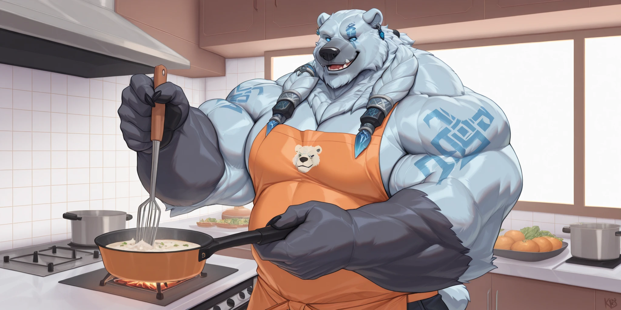 (Lindong, Lucusold) old papa bear in the kitchen, only in apron, alone, beard, somewhat elderly appearance of dif, gray facial hair, gray beard,rear view, very voluminous rear and muscles, voluminous butt looking like two basketballs, high resolution piece, great quality.