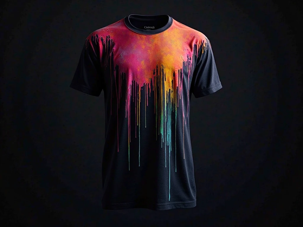 Black long sleeve T-shirt with colors red, yellow and green on neck and at the tip of sleeves in white background in HD