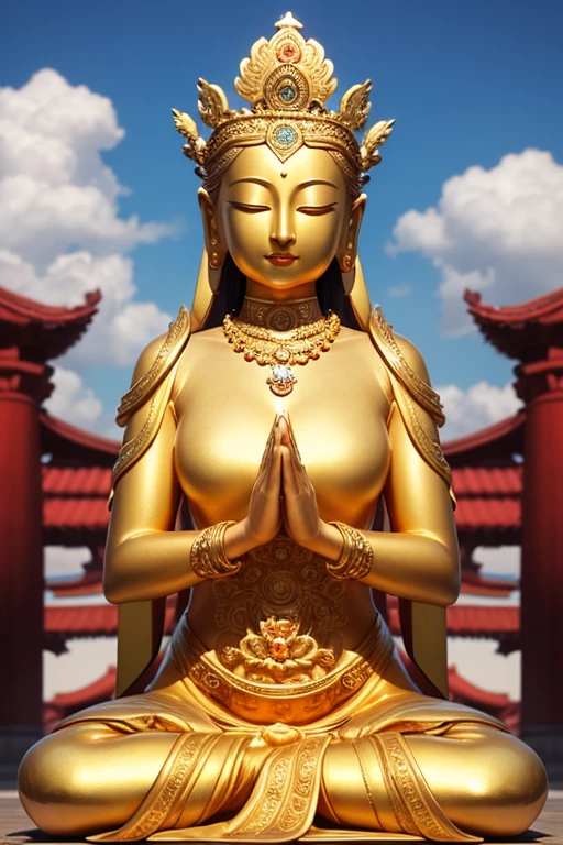 (Buddha Statue:1.5), (Beautiful girl gravure idol with big breasts wearing light gold bikini swimsuit with black hair color:1.3), (short hairstyle:1.3), (constricted waist:1.3), (full bodyesbian:1.3)