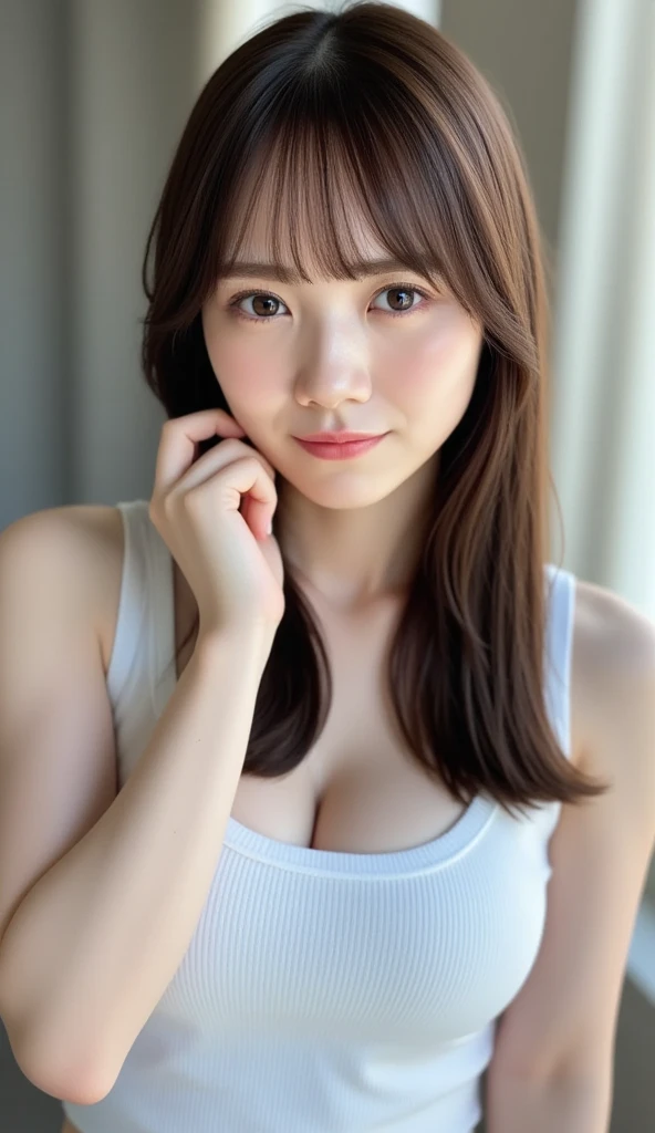 ((highest quality, 8K, Raw photo, masterpiece :1.3)), (realistic、Photoreal:1.37),ultra high resolution, (professional lighting), 1 girl, alone, Beautiful and dense face, shining eyes, brown eyes, double eyelid,eyelash,lean figure,C cup, Fine and beautiful skin, skin texture,A woman is sitting in front of me with her knees on the floor.,look up at the camera,front,The mouth is open and、He has a troubled expression on his face., Luxury Hotels, Light of the sun, (NSFW,kneel down:1.3, arrive:1.3, open your mouth:1.3, shy), (brunette bob, brown hair), (clothing: white tank top, No bra,white hot pants ), (Floor seen from above:1.5) ,freckles,beautiful clavicle,Mole under left eye