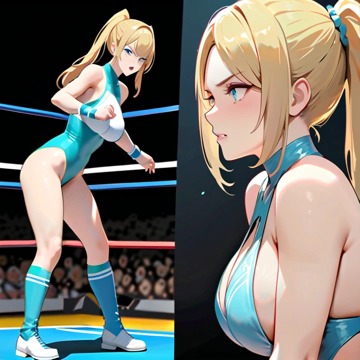 masterpiece, Highest quality, High resolution, One Girl, Hamriz, ponytail, Brown eyes,big , マイクロ比基尼、Cowboy Shot、Muscular body、blush、Sweat、Composition from the front、アニメ、(((Light blue 比基尼、Stand in front、audience、Shaking breasts、 Fully exposed、I-shaped balance、Spread your legs、kick、look forward to)))、((Wrestling Arena)), (Female wrestler), (Slender body, Sweat, tired), Mature Woman, Mature Woman, (比基尼, Very sophisticated wrestling equipment) 、big naked man、men and women