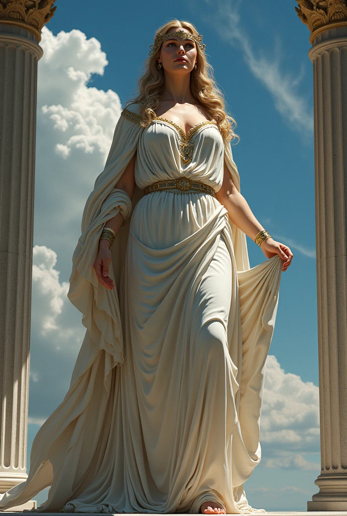 Orithia. Not safe for work. Realistic photo. Photo from the waist up. Orithia. Beautiful woman with pale skin, long, braided blonde hair. Face of Luciana Salazar. Curvy body. She wears sheer white robes with a red cape from ancient Greece. Summer open background with a cloudy sky. The wind moves her clothes, her hair and the leaves in the environment.... ((Masterpiece)). Professional photography, ultra-sharp focus. Analog RAW photography, 80mm f2.8 lens, Best quality, Ultra detailed, 64k, Intricate details, Fine detail, Detailed rendering, Realistic detail. Detailed hands, perfect eyes, detailed face, natural pose.