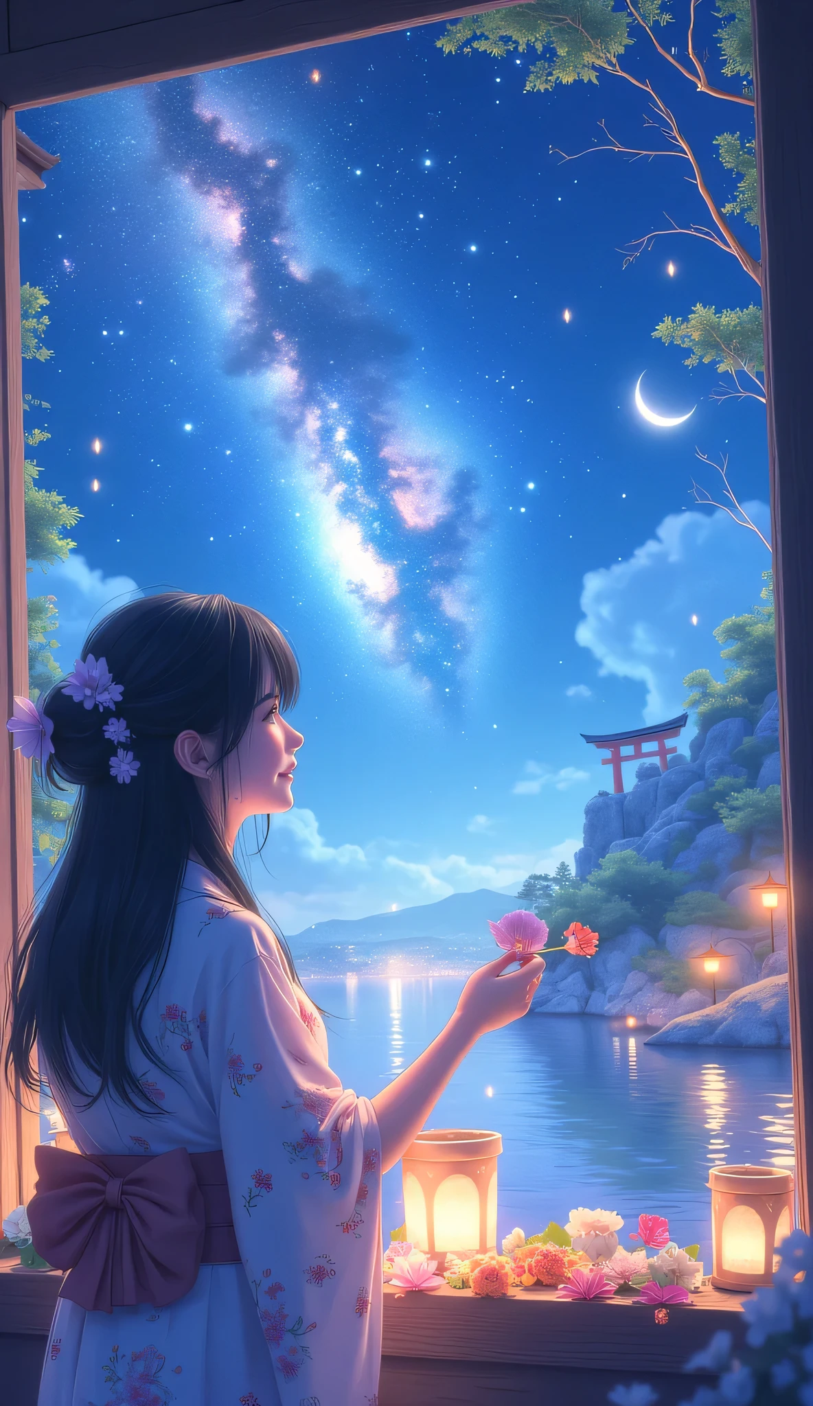 天の川銀河の眺めとnight空 、one woman、mature woman、straight hair、Beautiful Shiny Hair、bundle、long sleeve、detailed eyes and face、Eye Enhancement、soft lighting、High Resolution Unified CG 8K Wallpaper、Intricate Details、portrait、Staring 、alone、half shot、delicate face、soft smile during housework、dynamic pose with flashy pattern、 classical period 、(Ancient Japan Theme:1.1)、Japanese mythology、Japanese、pink floral kimono flower kimono、 ancient theme 、(Thriving Civilization:1.1)、Background Moon、( pure white :1.hrine、red)torii、 Japanese landscape 、Ancient City in the Background 、 amazing 、 Dreamlike 、 Dancing Light 、 Lantern、Strict、night 、 Darkness、star、 portraits 。
