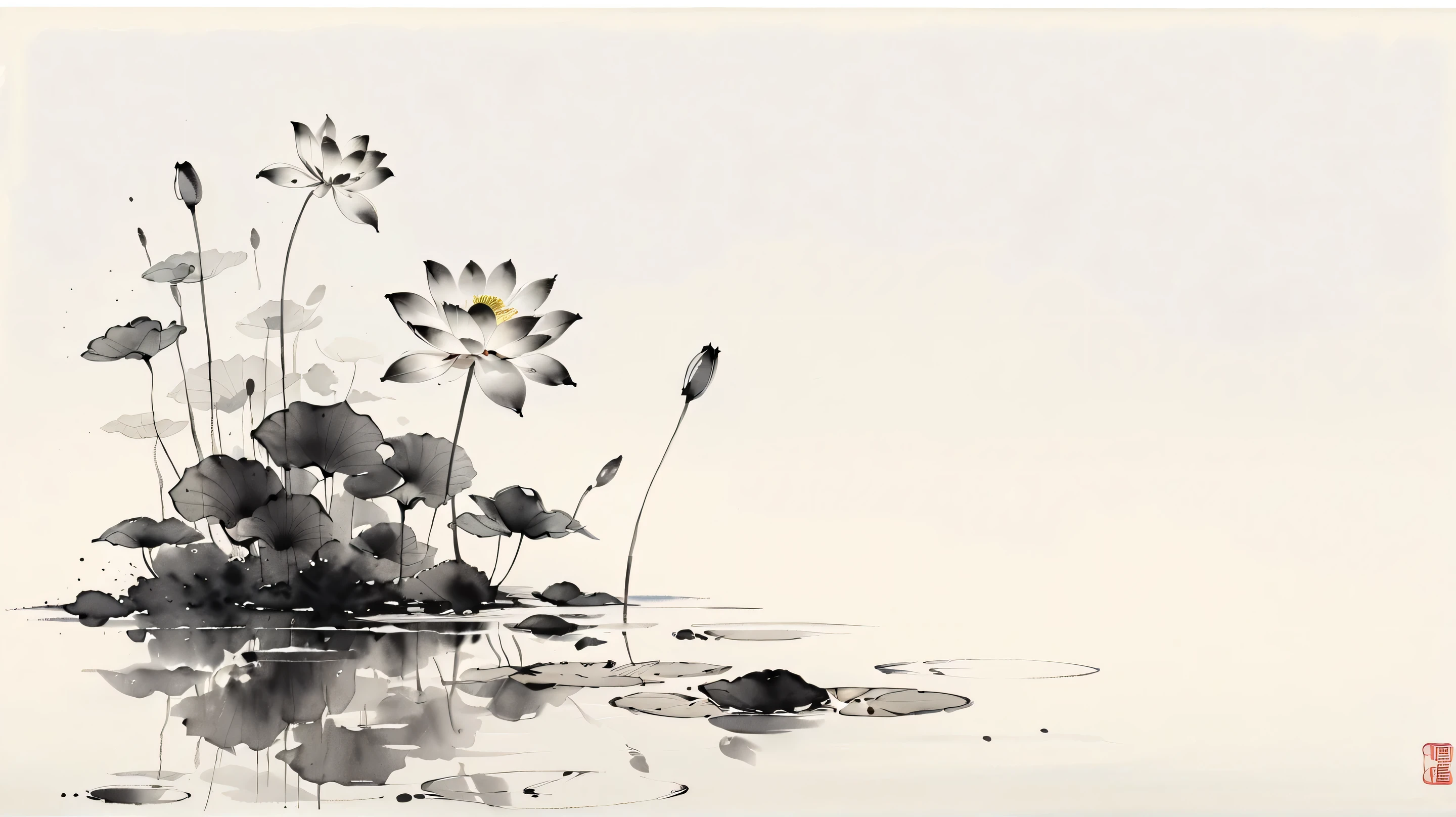 中国黑白Ink Painting,lotus, Water reflection, monochrome, Ink Painting, Artistic brushstrokes, Nature theme, Flower Arrangement, peaceful, grace, simple design, White space,