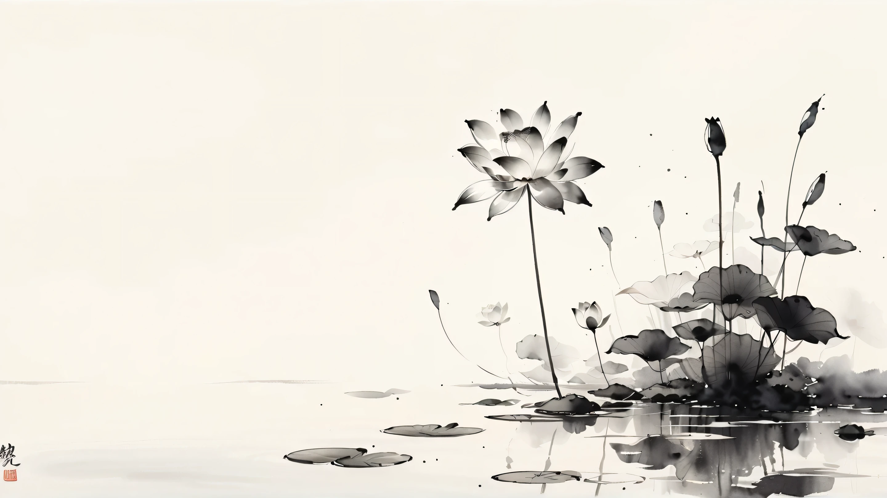 中国黑白Ink Painting,lotus, Water reflection, monochrome, Ink Painting, Artistic brushstrokes, Nature theme, Flower Arrangement, peaceful, grace, simple design, White space,