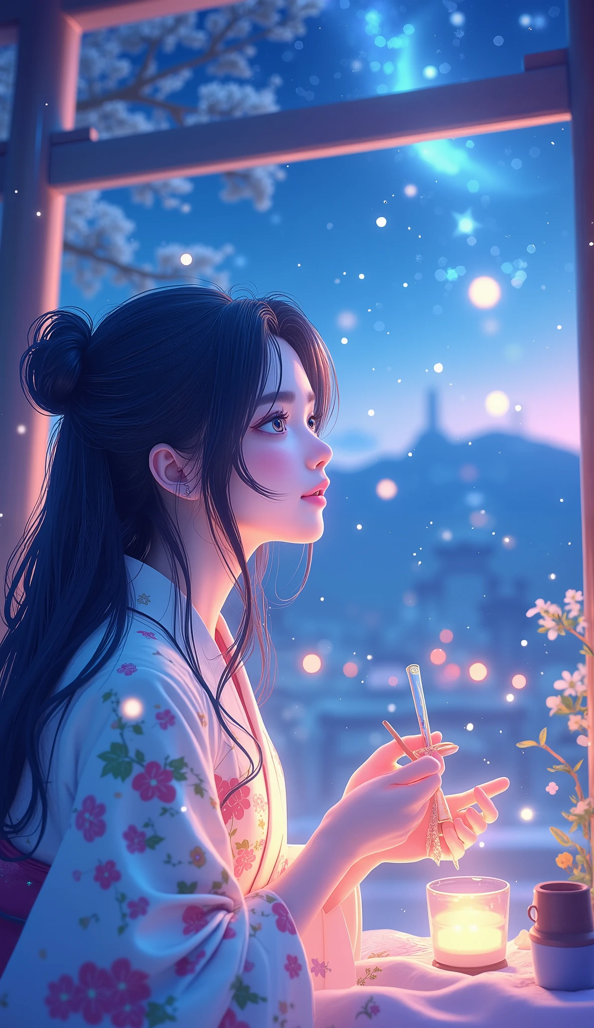 天の川銀河の眺めとnight空 、one woman、mature woman、straight hair、Beautiful Shiny Hair、bundle、long sleeve、detailed eyes and face、Eye Enhancement、soft lighting、High Resolution Unified CG 8K Wallpaper、Intricate Details、portrait、Staring 、alone、half shot、delicate face、soft smile during housework、dynamic pose with flashy pattern、 classical period 、(Ancient Japan Theme:1.1)、Japanese mythology、Japanese、pink floral kimono flower kimono、 ancient theme 、(Thriving Civilization:1.1)、Background Moon、( pure white :1.hrine、red)torii、 Japanese landscape 、Ancient City in the Background 、 amazing 、 Dreamlike 、 Dancing Light 、 Lantern、Strict、night 、  Darkness、star、  portraits 。