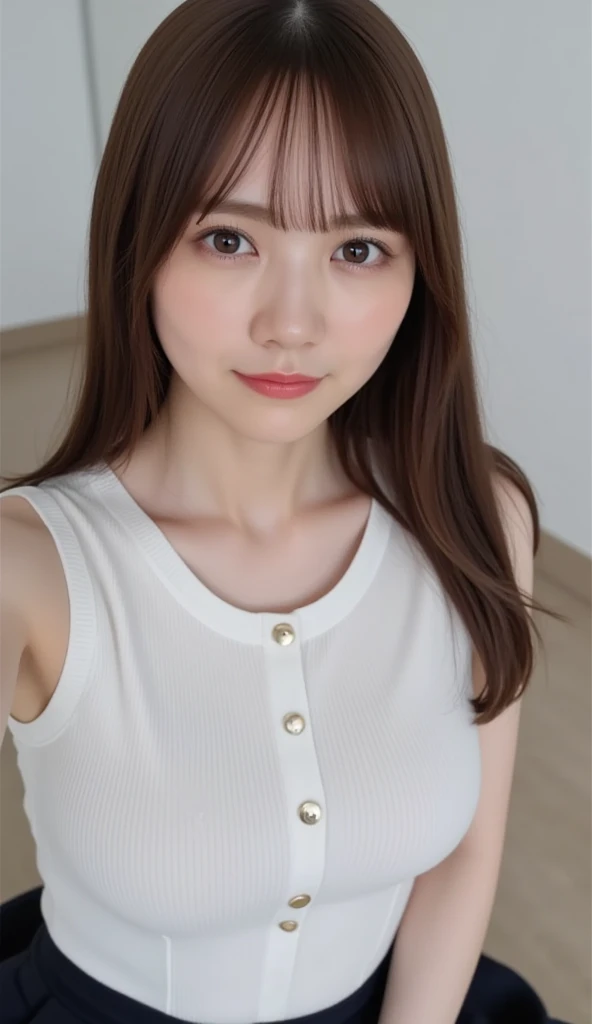 最high quality, masterpiece, 1 Girl, Beautiful Face, (photo photoRealistic:1.3), Edge lighting, (Skin with attention to detail:1.2), 8K Ultra HD, Digital single-lens reflex camera, high quality, High resolution, 4K, 8K, Bokeh, Ridiculous, The optimal ratio is four fingers to one thumb, (Realistic:1.3), One cute girl,Twin tails、 Wearing a white sleeveless top, Big Breasts, White pleated skirt,
