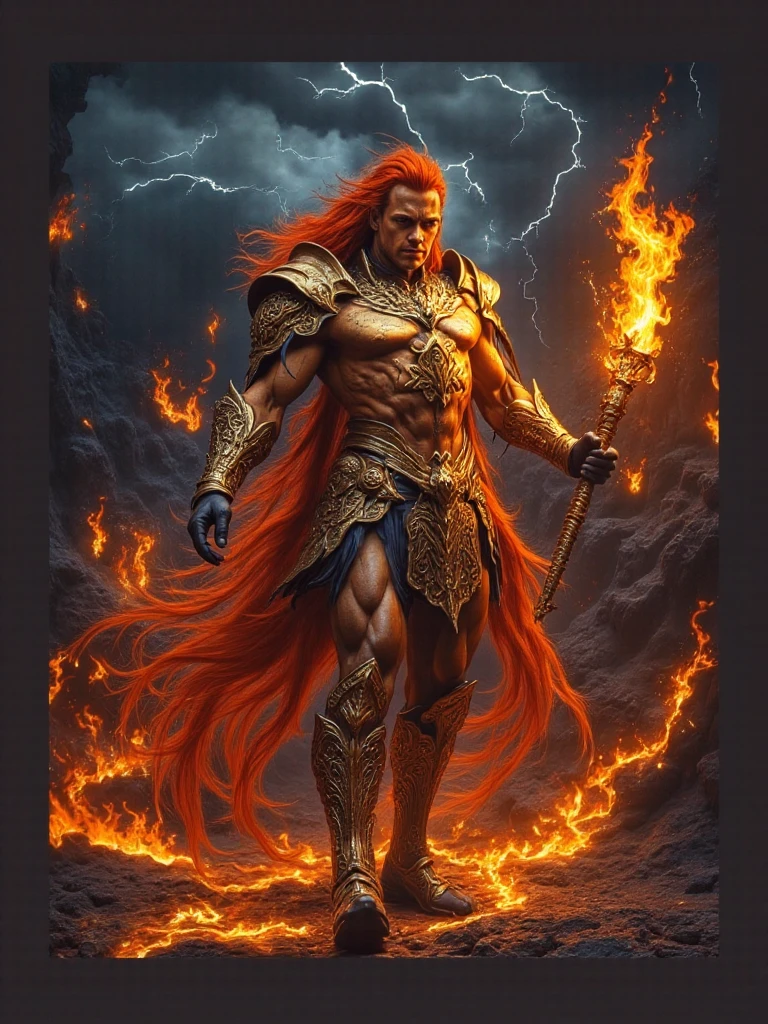 An ancient Roman warrior, embodying the fiery spirit of Aries, standing tall and unyielding as the 13th card in a tarot deck. His muscular physique is adorned with nothing but a red cloth around his waist, revealing his shirtless torso that glistens with the intensity of the flaming sun. His long, sexy red hair is wild and untamed, flowing in the wind like a river of molten lava. His face is that of a man who knows the taste of victory and the sting of defeat, with piercing eyes and a beard that speaks of the wisdom he has gained in battles long past. In his powerful grip, he wields a weapon that is a testament to his fiery nature - a gleaming sword, forged in the very fires of passion itself. The background is a tumultuous canvas of fiery hues, with flames licking the edges of the frame, symbolizing the ever-present energy and anger of the Aries archetype. The man's stance exudes an aura of confidence and readiness, as if daring any who gaze upon him to challenge his might. The overall effect is one of awe-inspiring power and raw, unbridled sexual appeal, making this tarot card not just a visual representation of the zodiac sign, but a captivating embodiment of the fiery, determined spirit that lies within us all.