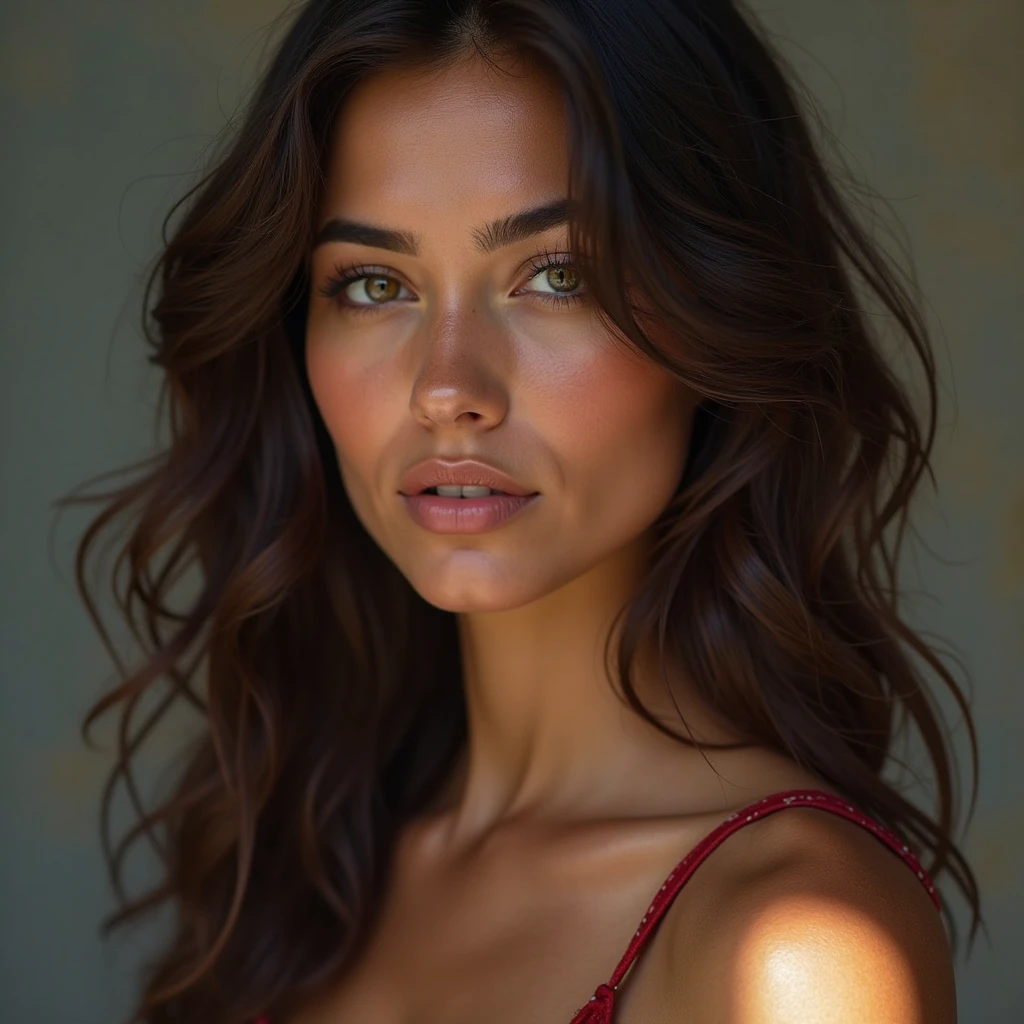 A beautiful Spanish girl with dark brown eyes, 30 ans, almond eyes, round face shape, wavy hair, 160cm, 65 kg, very detailed face, detailed skin texture, detailed hair texture, red dress, natural lighting, warm color palette, portrait, realistic, photorealistic, 8k, head of'artwork