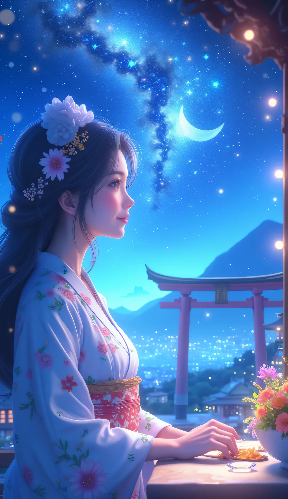 天の川銀河の眺めとnight空 、one woman、mature woman、straight hair、Beautiful Shiny Hair、bundle、long sleeve、detailed eyes and face、Eye Enhancement、soft lighting、High Resolution Unified CG 8K Wallpaper、Intricate Details、portrait、Staring 、alone、half shot、delicate face、soft smile during housework、dynamic pose with flashy pattern、 classical period 、(Ancient Japan Theme:1.1)、Japanese mythology、Japanese、pink floral kimono flower kimono、 ancient theme 、(Thriving Civilization:1.1)、Background Moon、( pure white :1.hrine、red)torii、 Japanese landscape 、Ancient City in the Background 、 amazing 、 Dreamlike 、 Dancing Light 、 Lantern、Strict、night 、 Darkness、star、 portraits 。