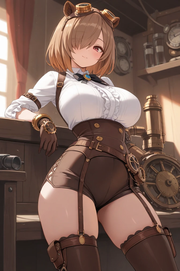 ((masterpiece, best quality, ultra detailed, 8K)), flat colors, medium shot, medium breasts, ((ultra detailed face)), sobbing cute girl, ((ultra detailed eyes:1.5)), on one knee pose, light brown very short hair with bangs, ivory and glowing red bikini armor and backpack, cyberpunk-style living room, huge round shaped window