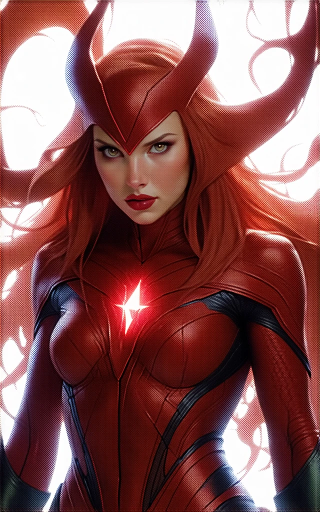 Emma Watson, best quality,ultra-detailed,realistic,sexy scarlet witch,beautiful detailed eyes, beautiful detailed lips, long red hair, witch costume, glowing magical powers, intense gaze, confident posture, dark and mysterious background, vibrant colors, enchanting art style, dramatic lighting