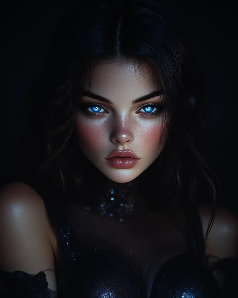 (dark shot:1.4), 80mm, 1/2 crop, gorgeous 25-year-old Mexican girl, with very big blue eyes, real breasts, very very long black hair, soft light, sharp, exposure blend, medium shot, bokeh, (hdr:1.4), high contrast, (cinematic, teal and orange:0.85), (muted colors, dim colors, soothing tones:1.3), low saturation, (hyperdetailed:1.2), (noir:0.4), (natural skin texture, hyperrealism, soft light, sharp:1.2), (intricate details:1.12), hdr, (intricate details, hyperdetailed:1.15)