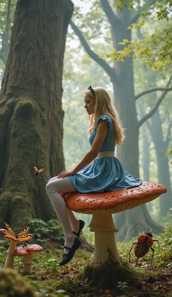 8k, Ultra quality, photorealistic, very beautiful, cute, blonde, smiling, looking at viewer, Alice from Alice in Wonderland knee-length in a short dress sits on a stump with her legs apart in a magical forest at night, fireflies around