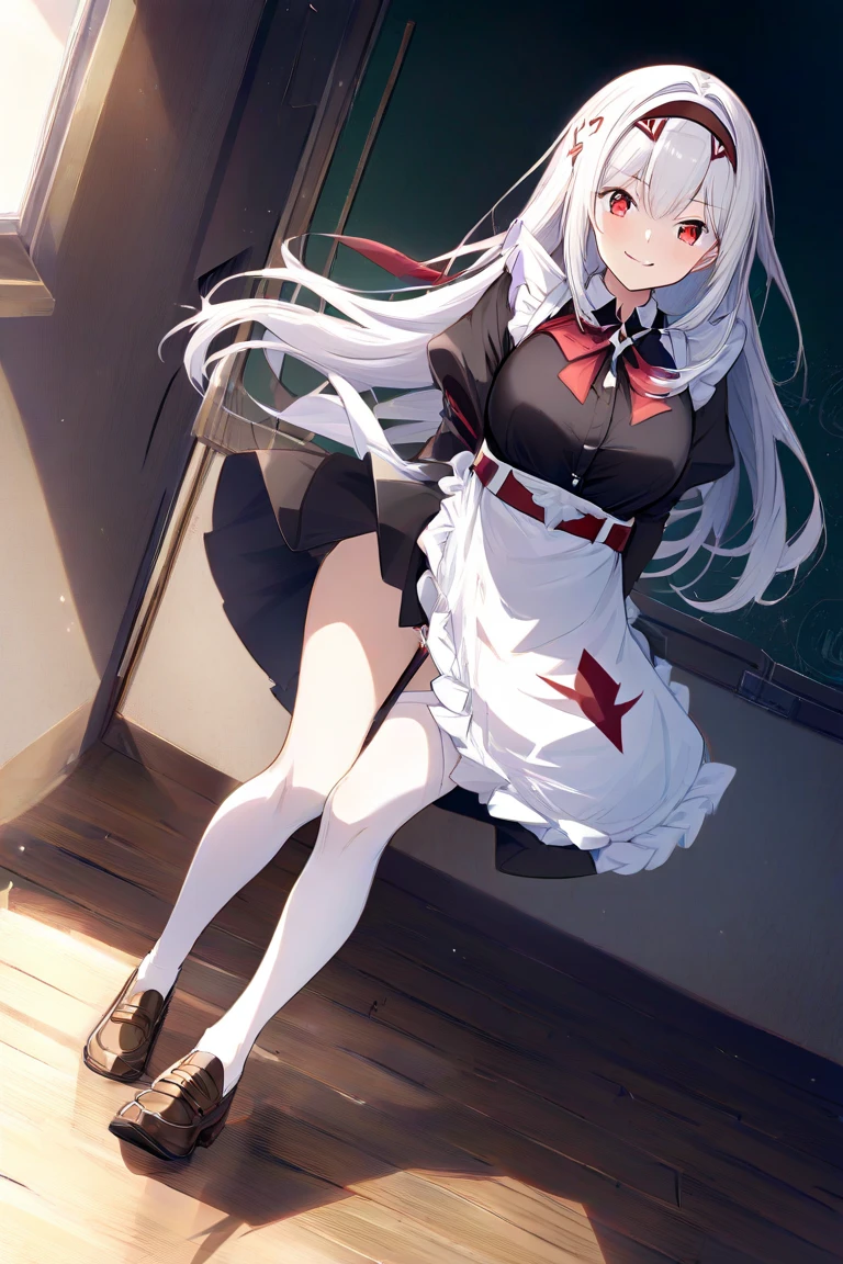 masterpiece, best quality, <lora:elinalyco3-000016:0.7> elina, white hair, red eyes, 1girl, school uniform, white dress, garter straps, frills, black thighhighs, lace-trimmed legwear, puffy long sleeves, juliet sleeves, bow, high ponytail, hair ribbon, black ribbon, smile, blush,