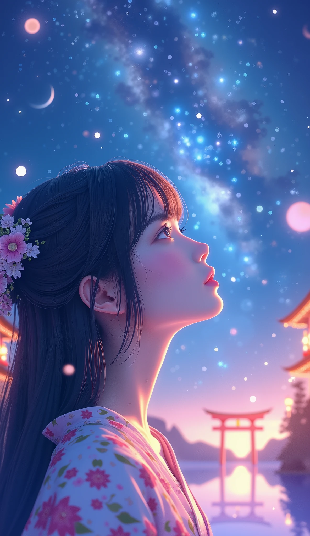 Milky Way Galaxy View and Night Sky 、one woman、Straight Hair、Beautiful Shiny Hair、bundle、long sleeve、detailed eyes and face、Eye Enhancement、soft lighting、High Resolution Unified CG 8K Wallpaper、Intricate Details、portrait、staring at the stars、alone、half shot、delicate face、soft smile during housework、 classical period 、(Ancient Japan Theme:1.1)、Japanese mythology、pink flower pattern kimono、 ancient theme 、(Thriving Civilization:)、Background Moon、( pure white :1。hrine、red)torii、 Japanese landscape 、 Ancient City in the Background 、 Lantern、Night stars、 portraits 。