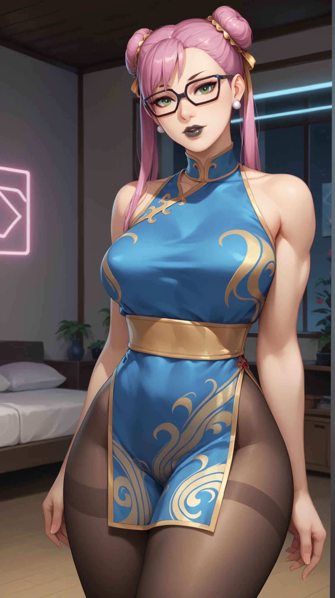 A woman with silver bob hair and blue eyes, wearing pink bodycon micro dress , gazing condescendingly at the viewer with a cute grinning expression, extremely detailed and realistic, masterpiece quality, ultra-detailed, HDR, studio lighting, vivid colors, physically-based rendering, thick muscular thighs, beautiful muscular thighs, school girl, attractive buttocks
