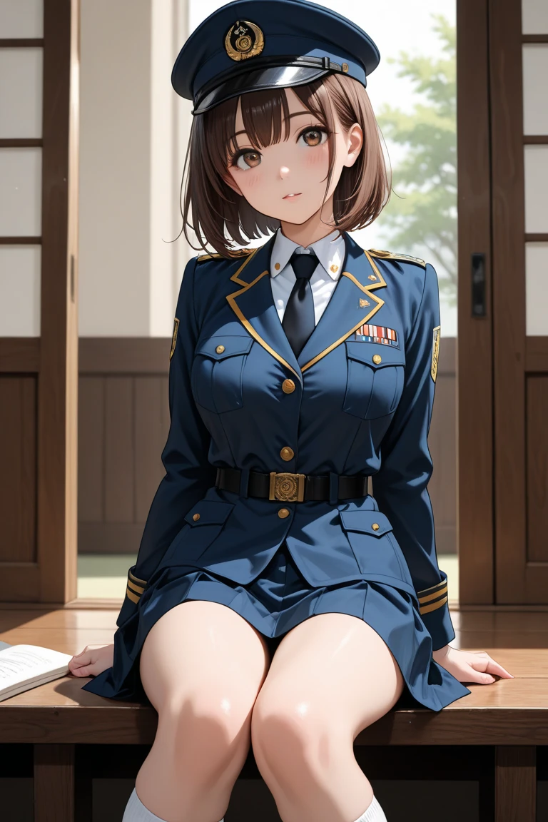 (masterpiece,Highest quality:1.3,best quality illustration),realistic,cowboy shot,1woman,30 year old Japanese beauty,Naval officer、((very small head:1.3)),short bob hair,brown hair,bangs,brown eyes,gorgeous eyes,shy,Heavy breathing,((Dark blue blazer jacket、Blue tie、Navy blue tight mini skirt、Black garter belt,black thighhighs))、navy uniform,small breasts,((very long body:1.4,tan skin)),(toned body,slender body,skinny),gleaming skin,shiny skin,sweat:1.2,standing,Bedroom,indirect lighting、