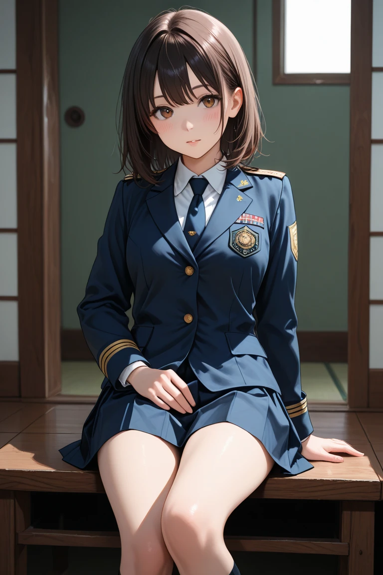 Highest quality、masterpiece、8k、Realistic、超High resolution、Very delicate and beautiful、High resolution、Cinema Lighting、medium range shooting、Portraiture、Perfect female body、Beautiful woman、Mature Woman、Put your hands on your head、View your viewers、((Standing position:1.6))、Medium chest、Cityscape、(Short Bob:1.8、Brown Hair)、((Female police officer:1.4、uniform、limited cap、uniformのボタン、tie、uniformのジャケット))、Police Vehicles、Baton、handcuffs、wireless、Best、Leather shoes、Name tag、uniformのパッチ、防弾Best、Police Badge、skirt、boots、gun、Police Badge、Epaulettes、uniformのskirt, (skirtをめくってパンティを見せる, Sexy and cute white satin panties:1.3)
