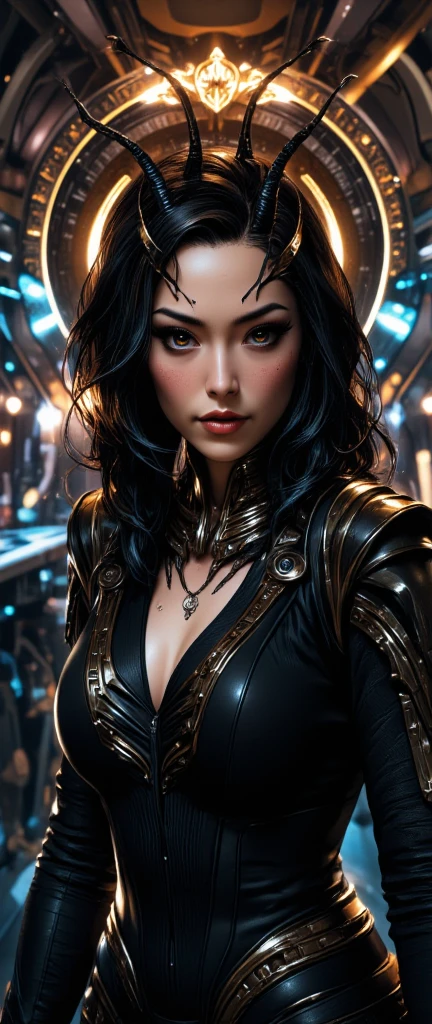 Beautifu Female Fifth Element Alien [Mila Kunis:Maude Adams:0.45] in a portrait pose donning a Hightech Mecha Body Suite, Getting out the spaceship, confident naughty smirk, detailed face, detailed hair, insanely intricate details, realistic style
