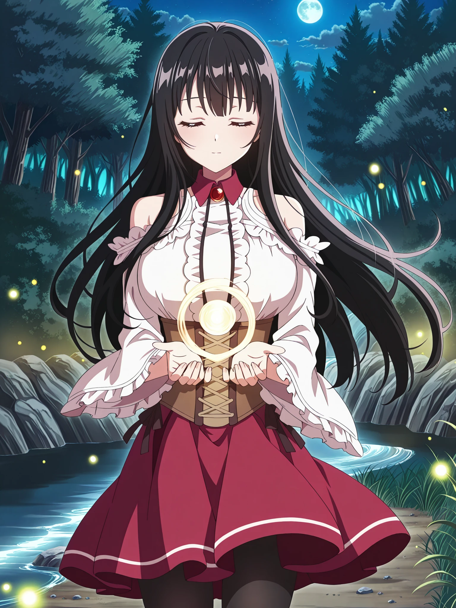(very_aesthetic, best_quality, high_resolution, ultra_detailed, anime_screencap), 1 girl, solo, Mahiru Ayase, closed eyes, black hair, long hair, ultra delicate hair, focused, close mouth, huge breasts, standing, casting a healing, spell, looking at viewer, slim body, bare shoulders, detached sleeves, frilled sleeves, white shirt, corset, red skirt, frills, black pantyhose, intricate details, outdoors, night, forest, river, fireflies, moonlight, wind blowing hair
